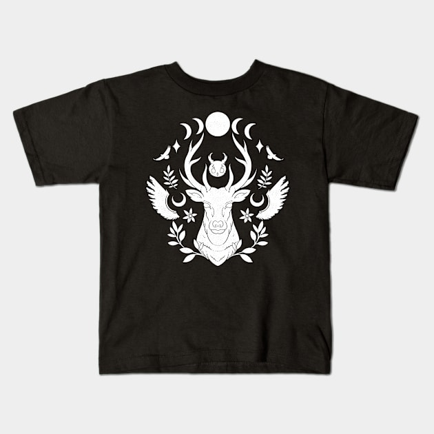 White Mysthical Deer Kids T-Shirt by Artthree Studio